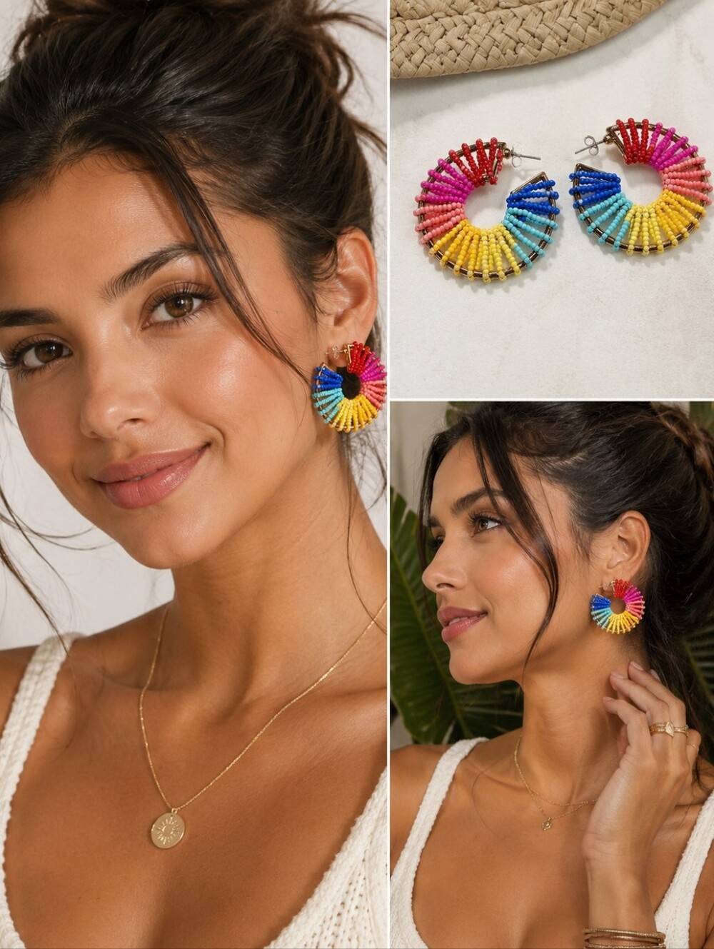 Rainbow Seed Bead Hoop Earrings Colorful Boho Statement Jewelry 2"